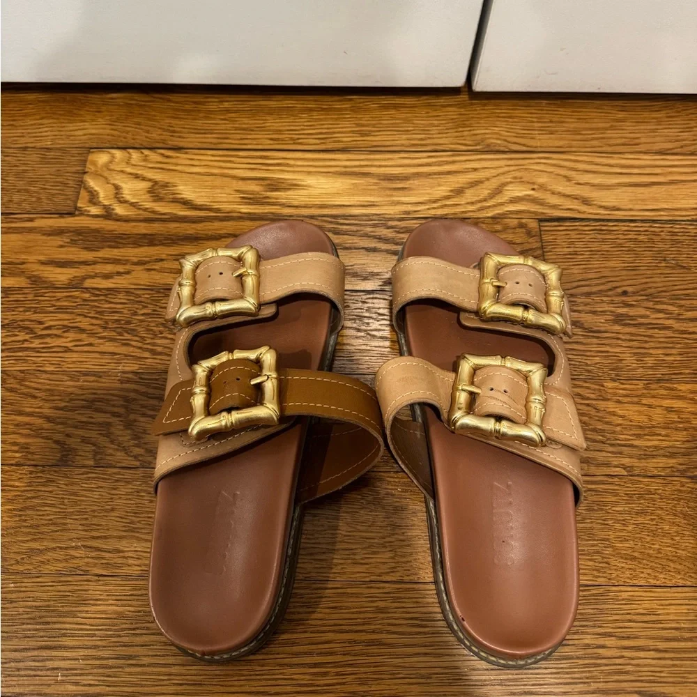 Schutz Enola sporty leather sandal- Brown Slide Sandals with Gold Buckles - Picture 7 of 7
